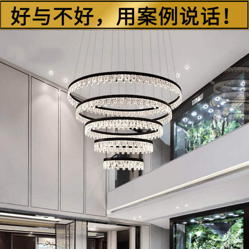別墅客廳多層環形吊燈_圓盤水晶大吊燈定制